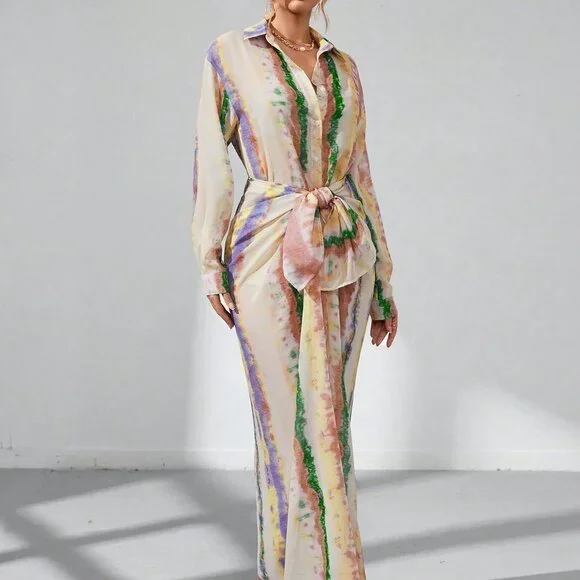 Multicolor Casual Womens Allover Print Shirt & Tie Front Skirt - Picture 2 of 5